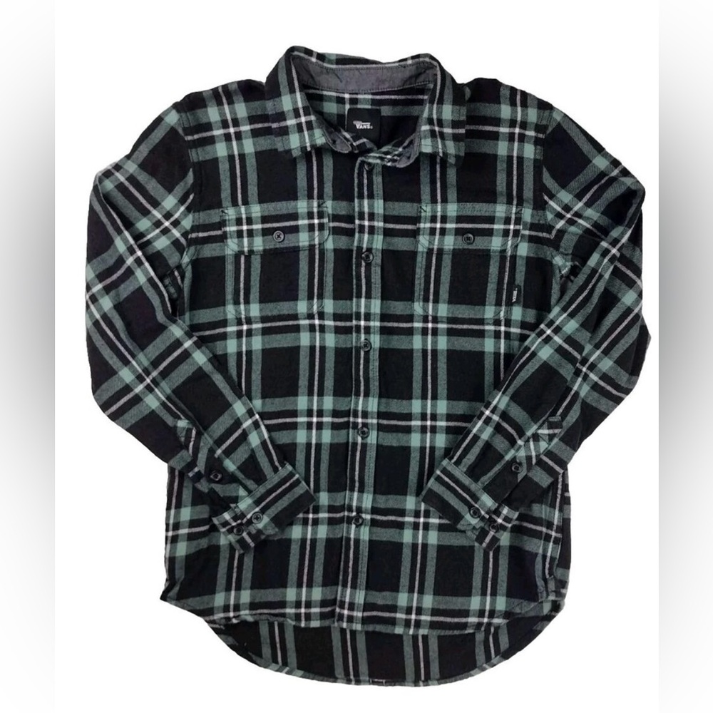 VANS Boys SIZE Extra Large Black & Blue Plaid Button Down Shirt